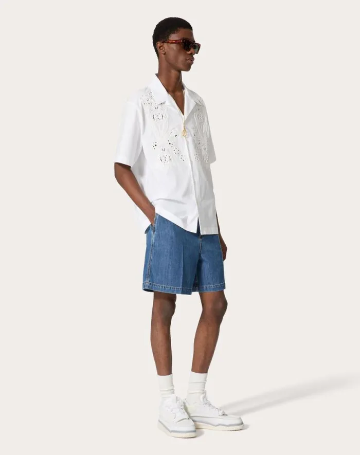 Valentino Denim Man Denim Bermuda Shorts With Metallic V Detail For Man In Denim Denim Valentino Denim Man Denim Bermuda Shorts With Metallic V Detail For Man In Denim Denim