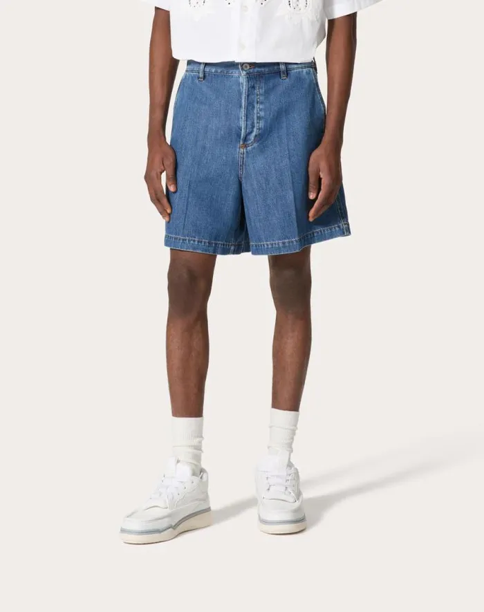Valentino Denim Man Denim Bermuda Shorts With Metallic V Detail For Man In Denim Denim Valentino Denim Man Denim Bermuda Shorts With Metallic V Detail For Man In Denim Denim