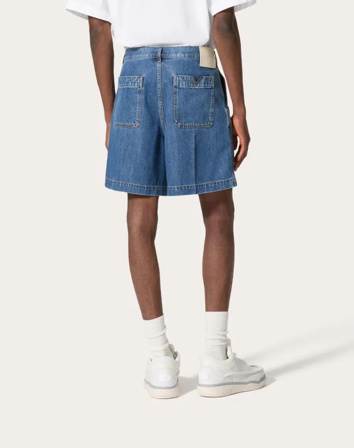 Valentino Denim Man Denim Bermuda Shorts With Metallic V Detail For Man In Denim Denim Valentino Denim Man Denim Bermuda Shorts With Metallic V Detail For Man In Denim Denim