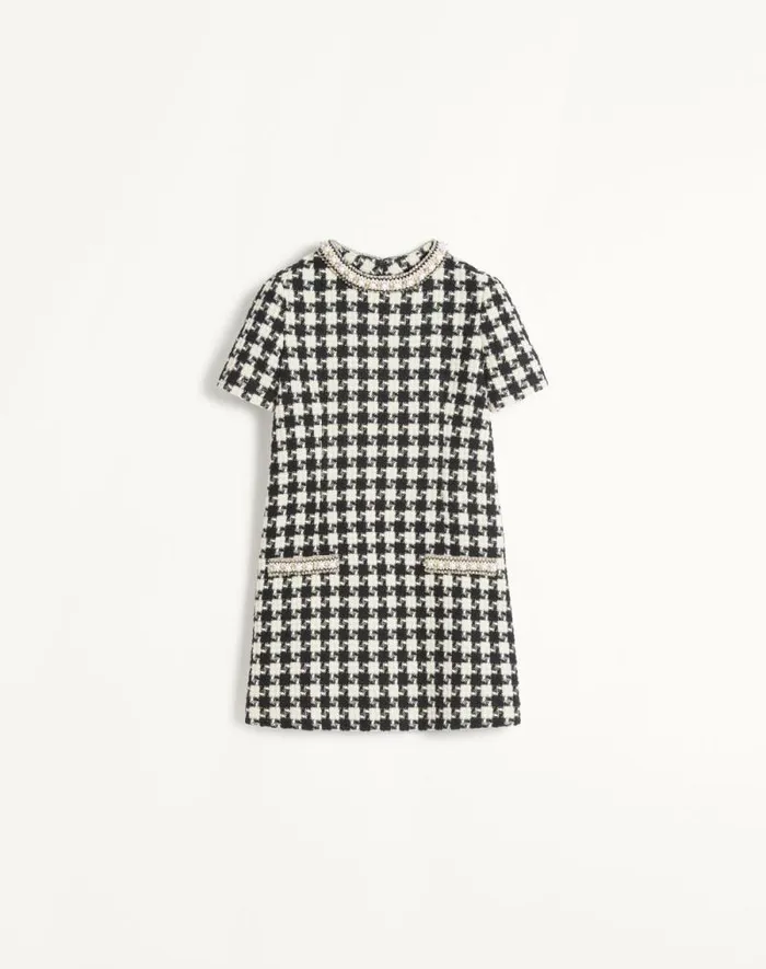 Valentino Dresses Woman Embroidered Damier Light Tweed Short Dress For Woman In Ivoryblack Ivoryblack