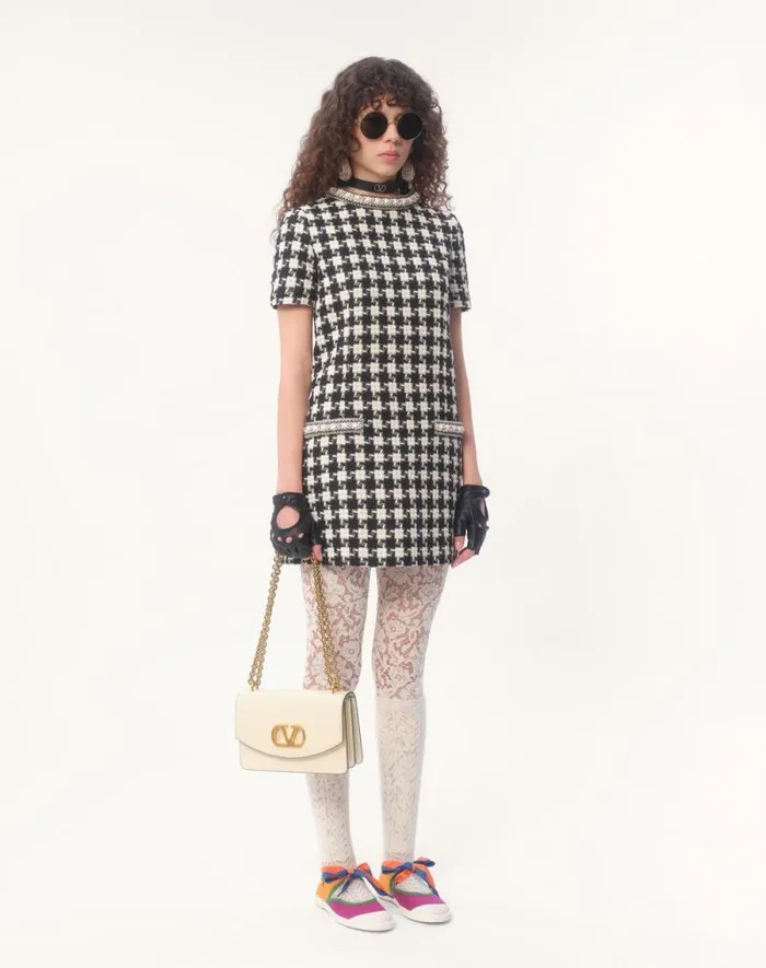 Valentino Dresses Woman Embroidered Damier Light Tweed Short Dress For Woman In Ivoryblack Ivoryblack Valentino Dresses Woman Embroidered Damier Light Tweed Short Dress For Woman In Ivoryblack Ivoryblack