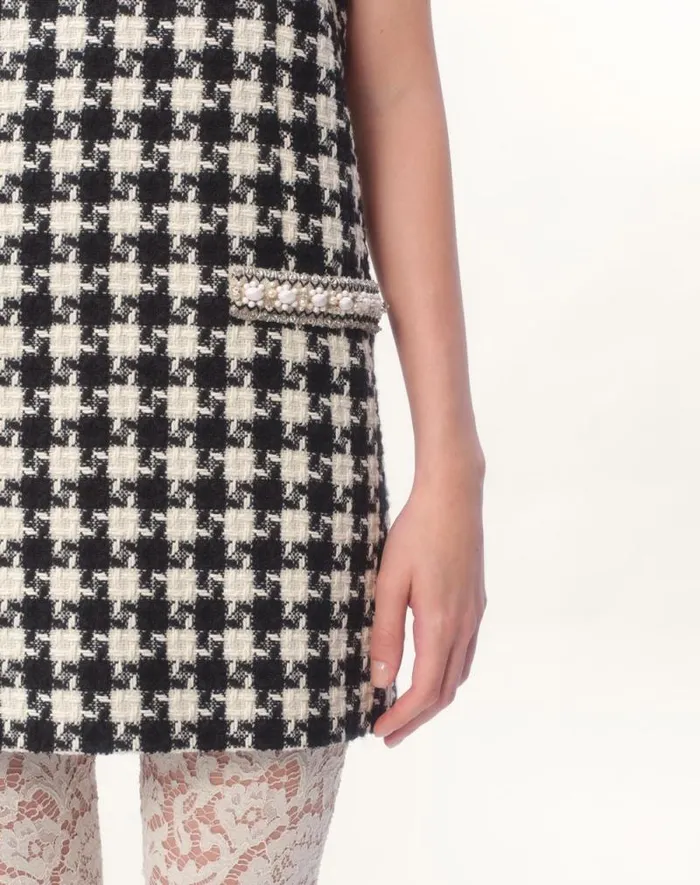 Valentino Dresses Woman Embroidered Damier Light Tweed Short Dress For Woman In Ivoryblack Ivoryblack Valentino Dresses Woman Embroidered Damier Light Tweed Short Dress For Woman In Ivoryblack Ivoryblack