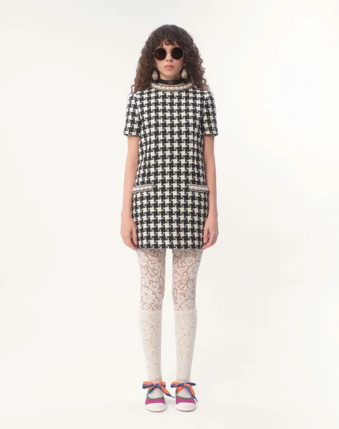 Valentino Dresses Woman Embroidered Damier Light Tweed Short Dress For Woman In Ivoryblack Ivoryblack Valentino Dresses Woman Embroidered Damier Light Tweed Short Dress For Woman In Ivoryblack Ivoryblack