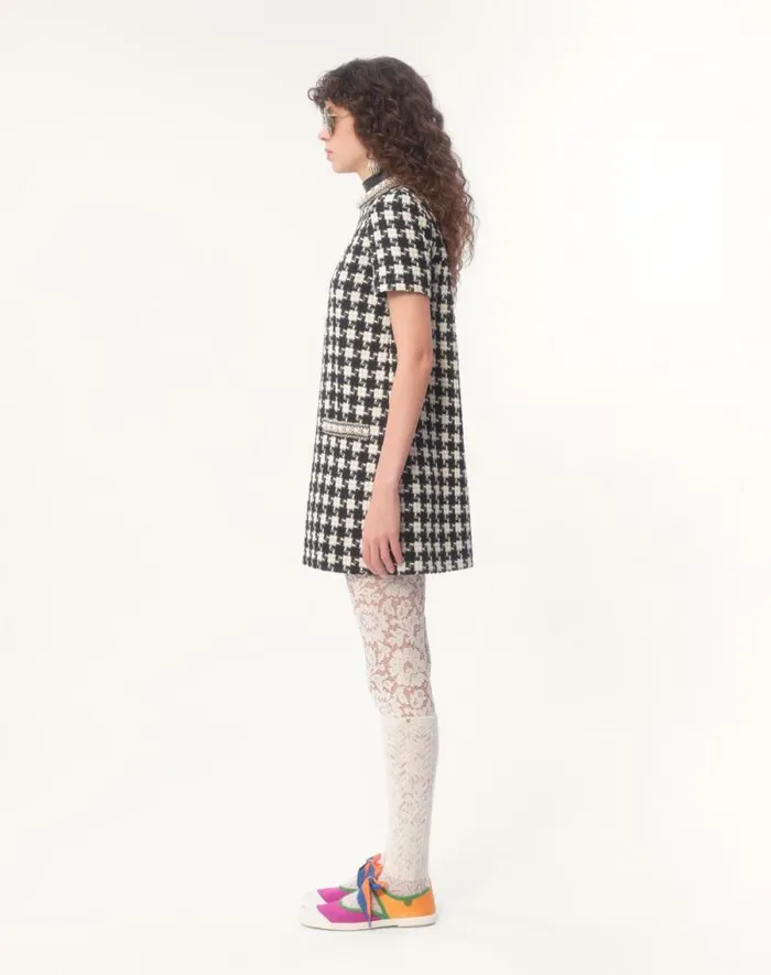 Valentino Dresses Woman Embroidered Damier Light Tweed Short Dress For Woman In Ivoryblack Ivoryblack Valentino Dresses Woman Embroidered Damier Light Tweed Short Dress For Woman In Ivoryblack Ivoryblack