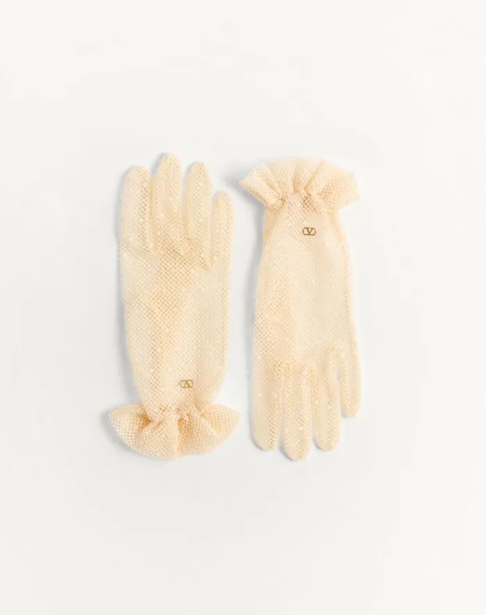 Valentino Hats And Gloves Woman Vlogo Signature Gloves In Cotton And Tulle For Woman In Ivorygold Ivorygold Valentino Hats And Gloves Woman Vlogo Signature Gloves In Cotton And Tulle For Woman In Ivorygold Ivorygold