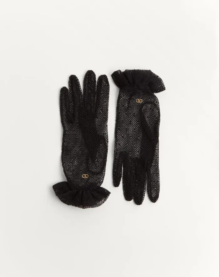 Valentino Hats And Gloves Woman Vlogo Signature Gloves In Cotton And Tulle For Woman In Ivorygold Ivorygold Valentino Hats And Gloves Woman Vlogo Signature Gloves In Cotton And Tulle For Woman In Ivorygold Ivorygold