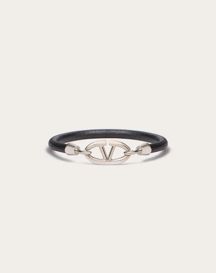 Valentino Jewelry Man Valentino Garavani Vlogo The Bold Edition Bracelet In Leather And Metal For Man In Sky Blue Sky Blue