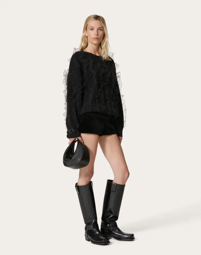 Valentino Knitwear Woman Embroidered Wool Sweater For Woman In Black Black Valentino Knitwear Woman Embroidered Wool Sweater For Woman In Black Black