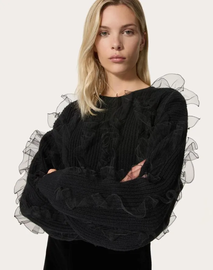 Valentino Knitwear Woman Embroidered Wool Sweater For Woman In Black Black Valentino Knitwear Woman Embroidered Wool Sweater For Woman In Black Black