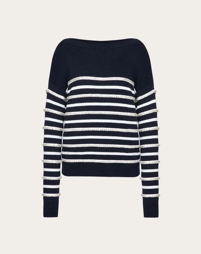 Valentino Knitwear Woman Embroidered Wool Sweater For Woman In Navy Navy