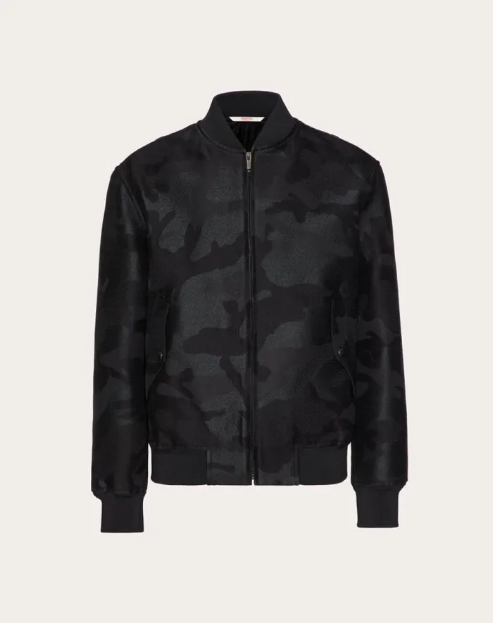 Valentino Outerwear Man Cotton Blend Bomber Jacket With Allover Camounoir Pattern For Man In Black Black Valentino Outerwear Man Cotton Blend Bomber Jacket With Allover Camounoir Pattern For Man In Black Black
