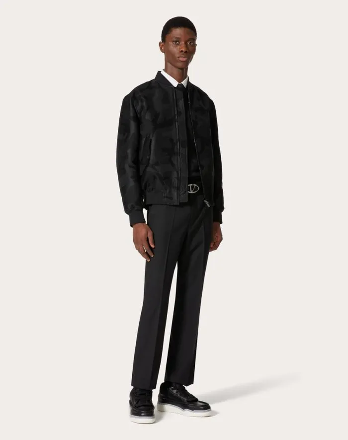 Valentino Outerwear Man Cotton Blend Bomber Jacket With Allover Camounoir Pattern For Man In Black Black