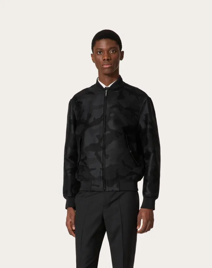 Valentino Outerwear Man Cotton Blend Bomber Jacket With Allover Camounoir Pattern For Man In Black Black