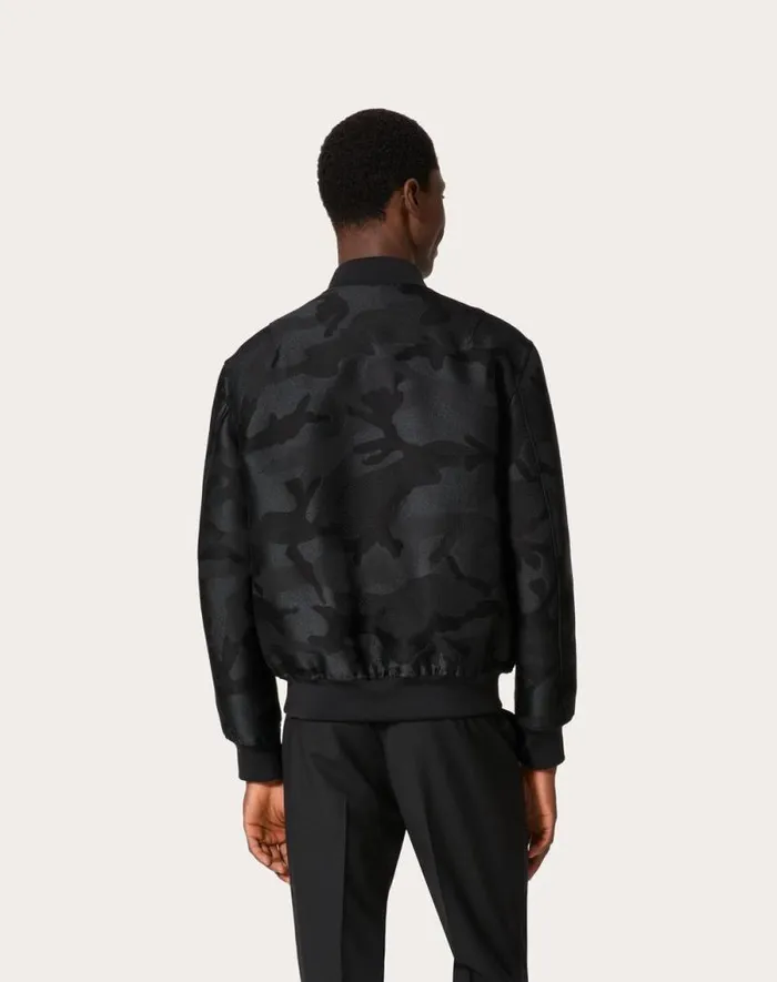 Valentino Outerwear Man Cotton Blend Bomber Jacket With Allover Camounoir Pattern For Man In Black Black
