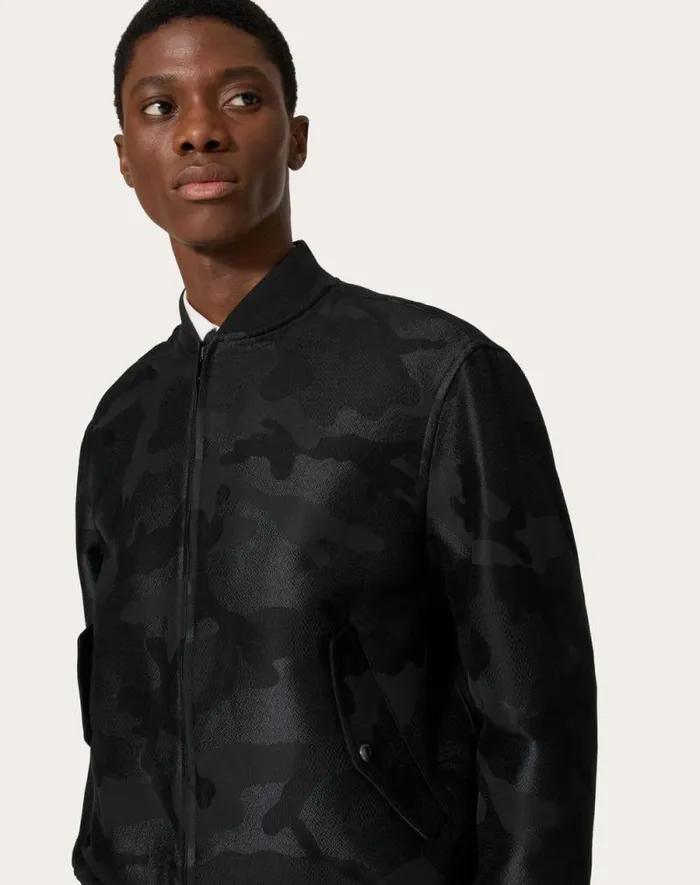 Valentino Outerwear Man Cotton Blend Bomber Jacket With Allover Camounoir Pattern For Man In Black Black