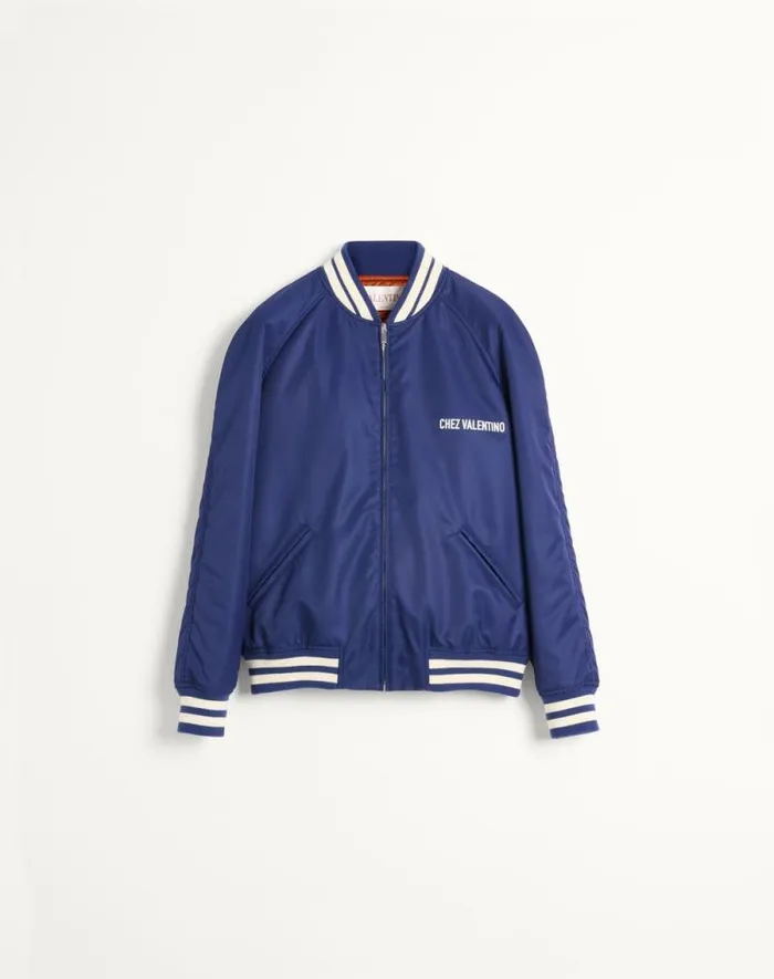 Valentino Outerwear Man Nylon Bomber Jacket With Chez Valentino Print For Man In Cobaltwhite Cobaltwhite Valentino Outerwear Man Nylon Bomber Jacket With Chez Valentino Print For Man In Cobaltwhite Cobaltwhite
