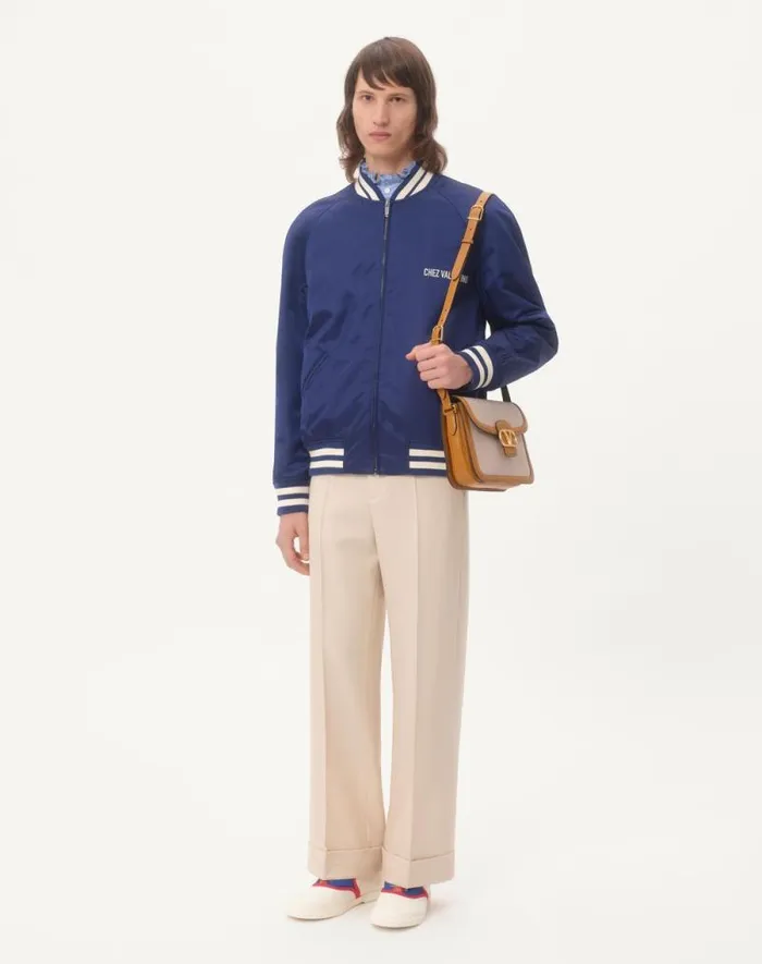 Valentino Outerwear Man Nylon Bomber Jacket With Chez Valentino Print For Man In Cobaltwhite Cobaltwhite Valentino Outerwear Man Nylon Bomber Jacket With Chez Valentino Print For Man In Cobaltwhite Cobaltwhite