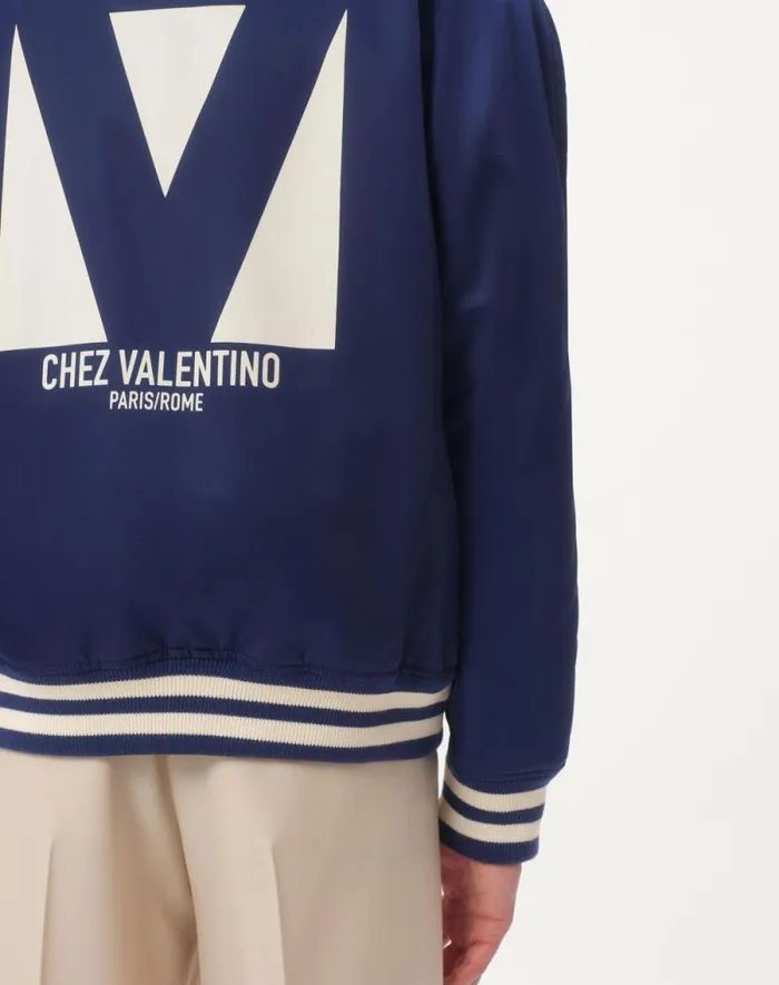 Valentino Outerwear Man Nylon Bomber Jacket With Chez Valentino Print For Man In Cobaltwhite Cobaltwhite Valentino Outerwear Man Nylon Bomber Jacket With Chez Valentino Print For Man In Cobaltwhite Cobaltwhite