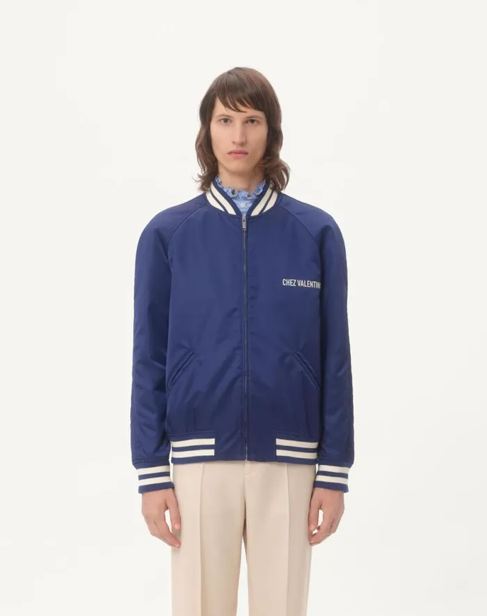 Valentino Outerwear Man Nylon Bomber Jacket With Chez Valentino Print For Man In Cobaltwhite Cobaltwhite Valentino Outerwear Man Nylon Bomber Jacket With Chez Valentino Print For Man In Cobaltwhite Cobaltwhite