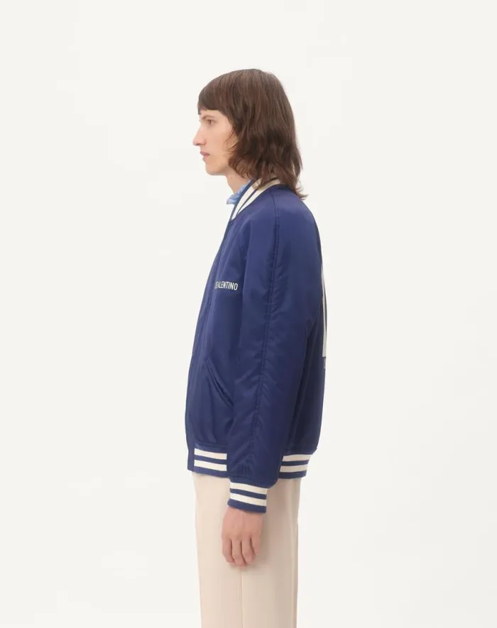 Valentino Outerwear Man Nylon Bomber Jacket With Chez Valentino Print For Man In Cobaltwhite Cobaltwhite Valentino Outerwear Man Nylon Bomber Jacket With Chez Valentino Print For Man In Cobaltwhite Cobaltwhite