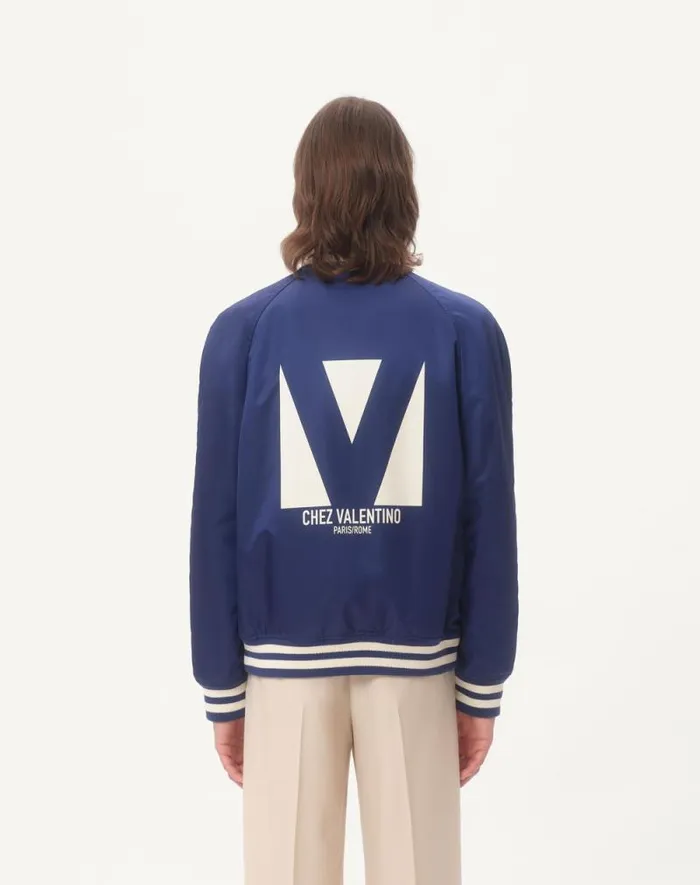 Valentino Outerwear Man Nylon Bomber Jacket With Chez Valentino Print For Man In Cobaltwhite Cobaltwhite Valentino Outerwear Man Nylon Bomber Jacket With Chez Valentino Print For Man In Cobaltwhite Cobaltwhite
