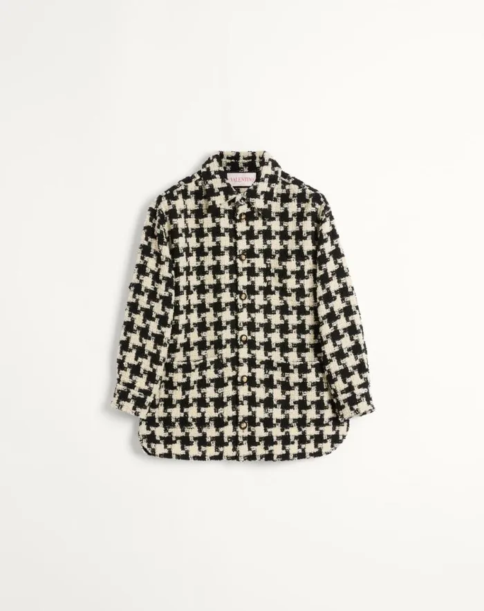 Valentino Outerwear Man Wool Shirt Jacket With Pied De Coque Pattern For Man In Ivoryblack Ivoryblack Valentino Outerwear Man Wool Shirt Jacket With Pied De Coque Pattern For Man In Ivoryblack Ivoryblack