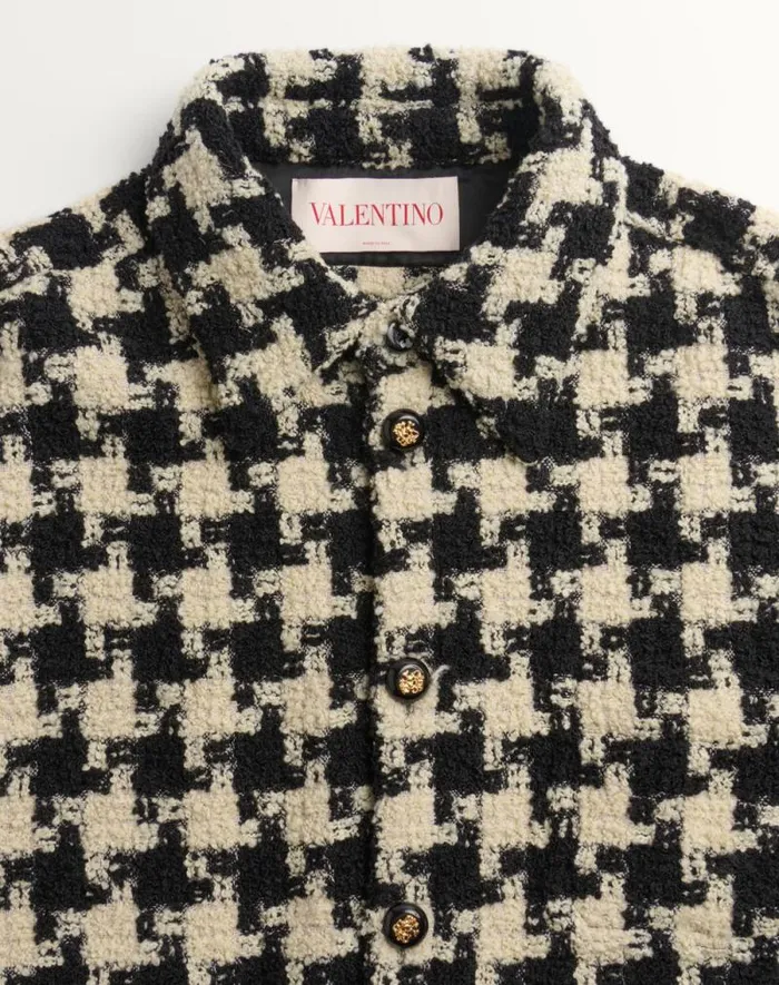 Valentino Outerwear Man Wool Shirt Jacket With Pied De Coque Pattern For Man In Ivoryblack Ivoryblack Valentino Outerwear Man Wool Shirt Jacket With Pied De Coque Pattern For Man In Ivoryblack Ivoryblack