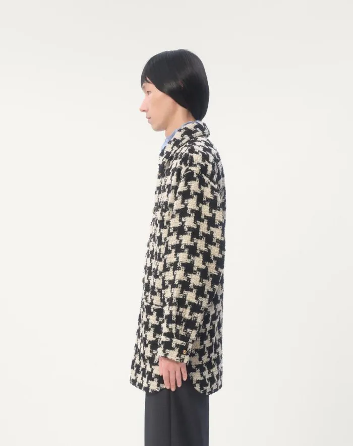 Valentino Outerwear Man Wool Shirt Jacket With Pied De Coque Pattern For Man In Ivoryblack Ivoryblack Valentino Outerwear Man Wool Shirt Jacket With Pied De Coque Pattern For Man In Ivoryblack Ivoryblack
