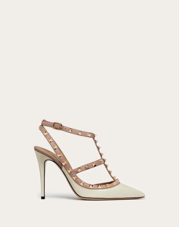 Valentino Pumps Woman Patent Rockstud Caged Pump 100mm For Woman In Ivorypoudre Ivorypoudre