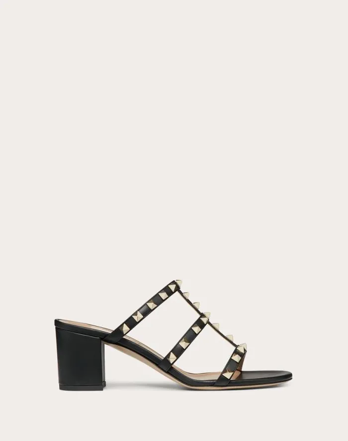 Valentino Sandals Woman Rockstud Calfskin Leather Slide Sandal 60 Mm For Woman In Poudre Poudre