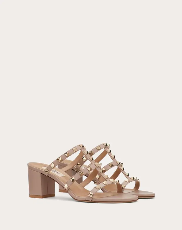 Valentino Sandals Woman Rockstud Calfskin Leather Slide Sandal 60 Mm For Woman In Poudre Poudre Valentino Sandals Woman Rockstud Calfskin Leather Slide Sandal 60 Mm For Woman In Poudre Poudre