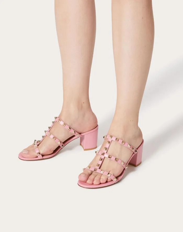 Valentino Sandals Woman Rockstud Calfskin Leather Slide Sandal 60 Mm For Woman In Poudre Poudre Valentino Sandals Woman Rockstud Calfskin Leather Slide Sandal 60 Mm For Woman In Poudre Poudre
