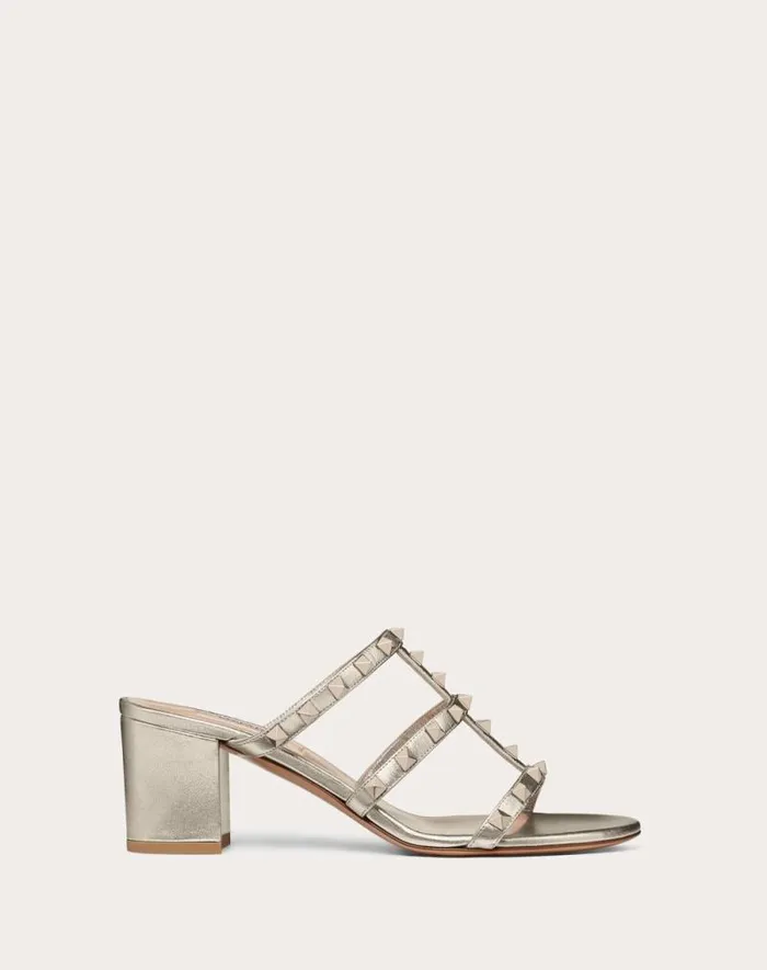 Valentino Sandals Woman Rockstud Metallic Calfskin Leather Slide Sandal 60 Mm For Woman In Skin Skin