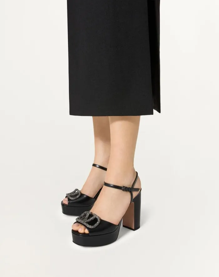 Valentino Sandals Woman Sandal With Vlogo Signature Platform In Calfskin 115mm For Woman In Black Black Valentino Sandals Woman Sandal With Vlogo Signature Platform In Calfskin 115mm For Woman In Black Black