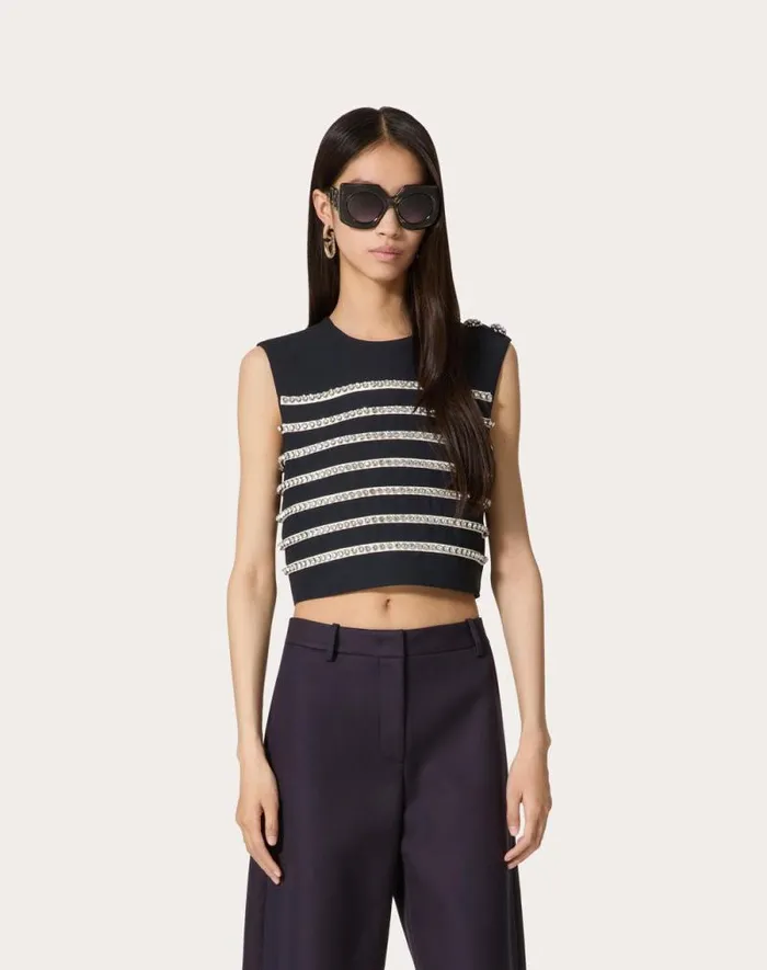Valentino Shirts And Tops Woman Embroidered Crepe Couture Top For Woman In Navyivory Navyivory Valentino Shirts And Tops Woman Embroidered Crepe Couture Top For Woman In Navyivory Navyivory