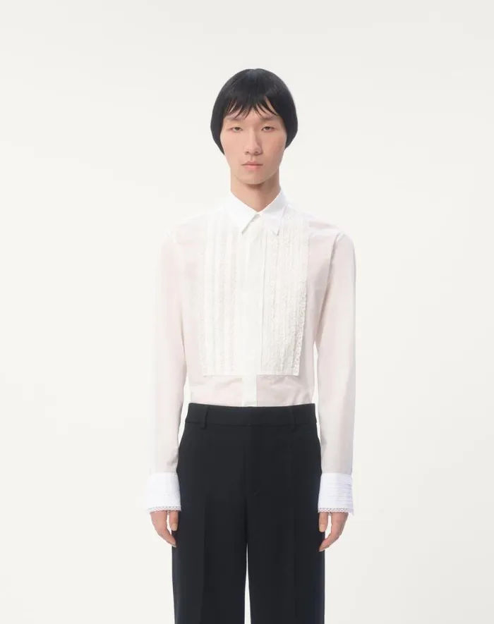 Valentino Shirts Man Cotton Muslin Shirt With Plastron And Lace Details For Man In Natural Natural
