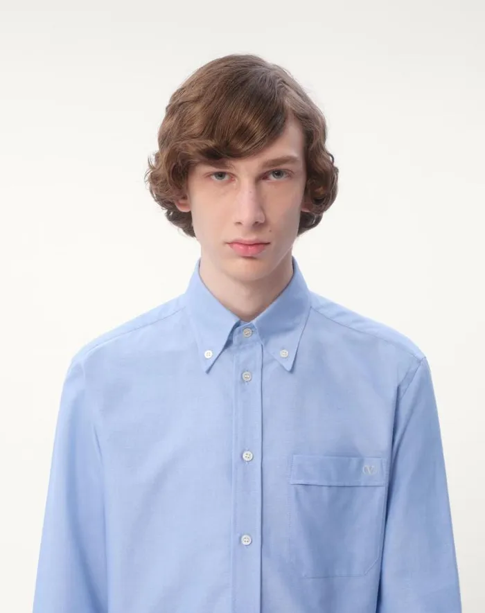 Valentino Shirts Man Vlogo Embroidered Cotton Shirt For Man In Sky Blue Sky Blue