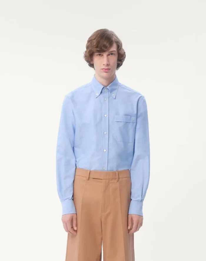 Valentino Shirts Man Vlogo Embroidered Cotton Shirt For Man In Sky Blue Sky Blue