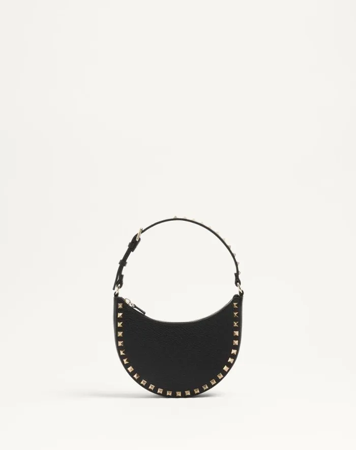 Valentino Shoulder Bags Woman Mini Rockstud Hobo Bag In Grainy Calfskin For Woman In Black Black Valentino Shoulder Bags Woman Mini Rockstud Hobo Bag In Grainy Calfskin For Woman In Black Black