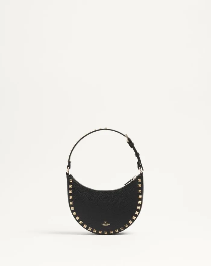 Valentino Shoulder Bags Woman Mini Rockstud Hobo Bag In Grainy Calfskin For Woman In Black Black