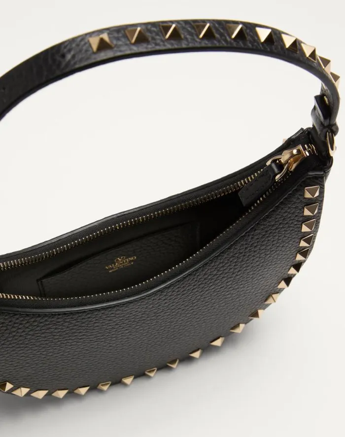 Valentino Shoulder Bags Woman Mini Rockstud Hobo Bag In Grainy Calfskin For Woman In Black Black