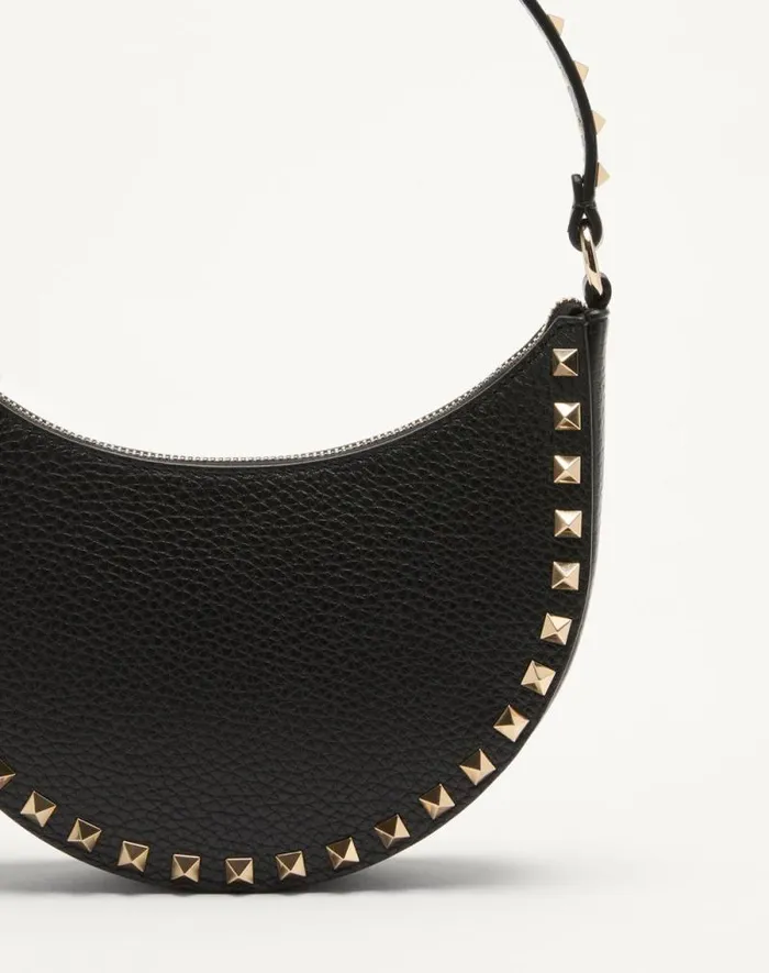 Valentino Shoulder Bags Woman Mini Rockstud Hobo Bag In Grainy Calfskin For Woman In Black Black