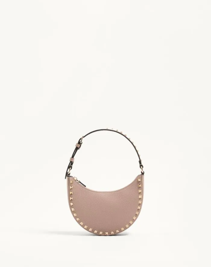 Valentino Shoulder Bags Woman Mini Rockstud Hobo Bag In Grainy Calfskin For Woman In Black Black