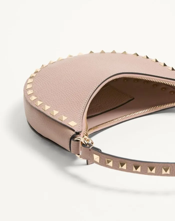 Valentino Shoulder Bags Woman Mini Rockstud Hobo Bag In Grainy Calfskin For Woman In Black Black