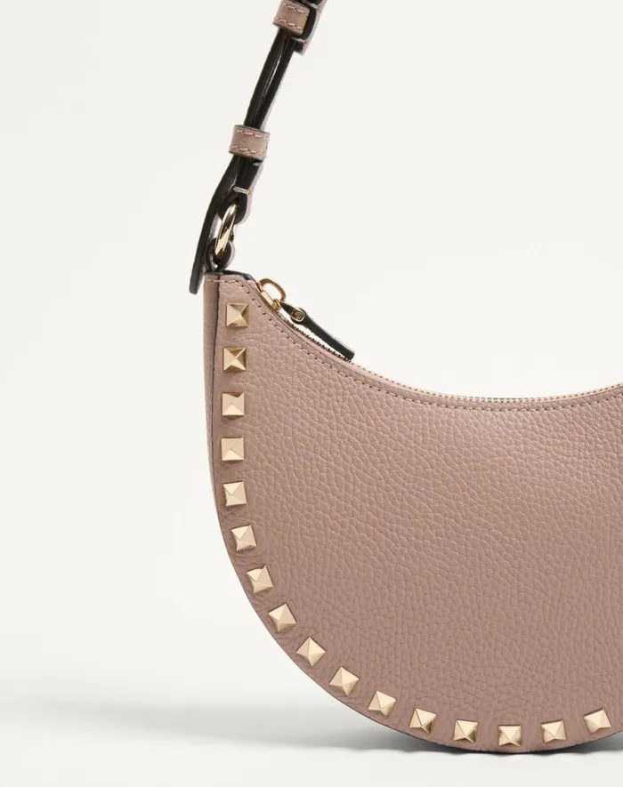 Valentino Shoulder Bags Woman Mini Rockstud Hobo Bag In Grainy Calfskin For Woman In Black Black