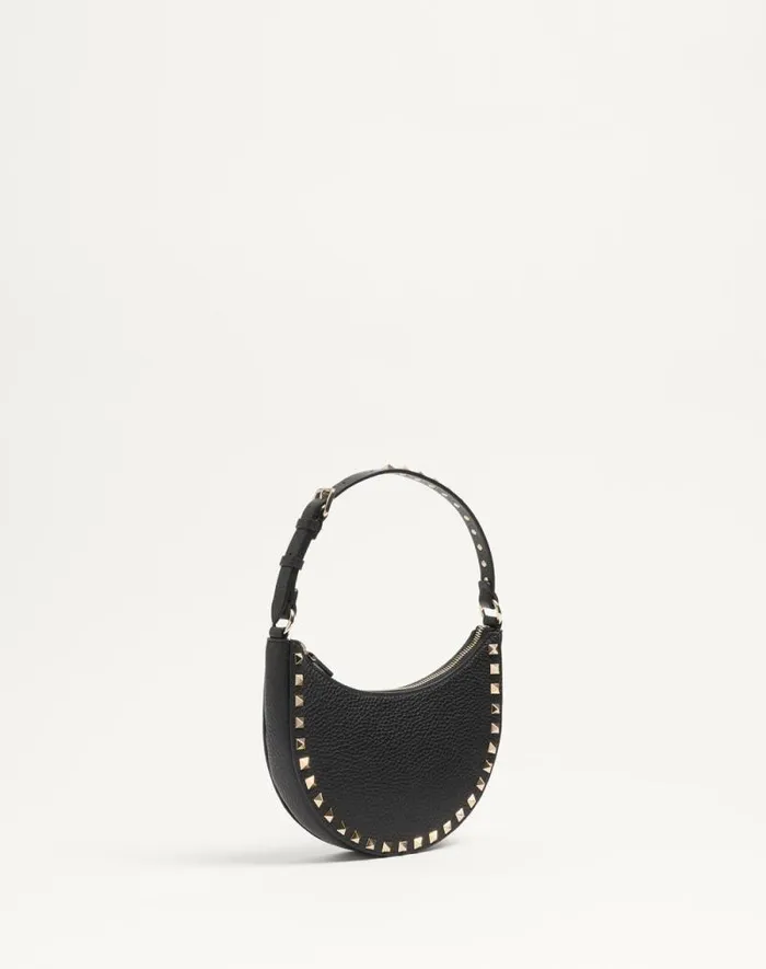 Valentino Shoulder Bags Woman Mini Rockstud Hobo Bag In Grainy Calfskin For Woman In Black Black