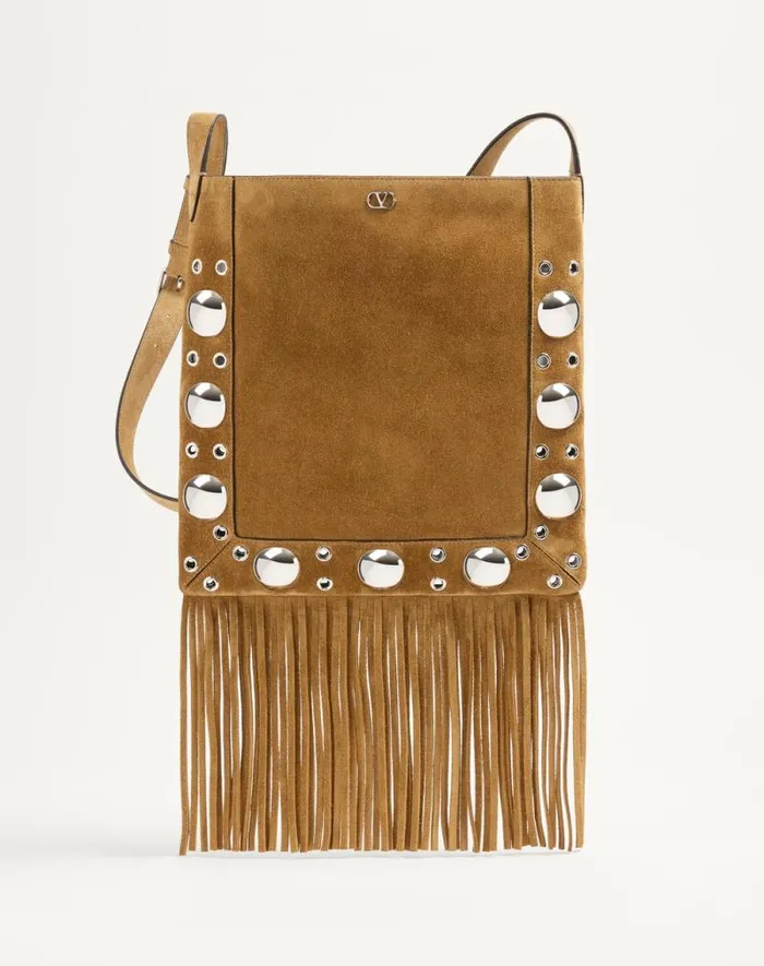 Valentino Shoulder Bags Woman Valentino Garavani Nellcte Suede Shoulder Bag With Fringes For Woman In Beige Beige