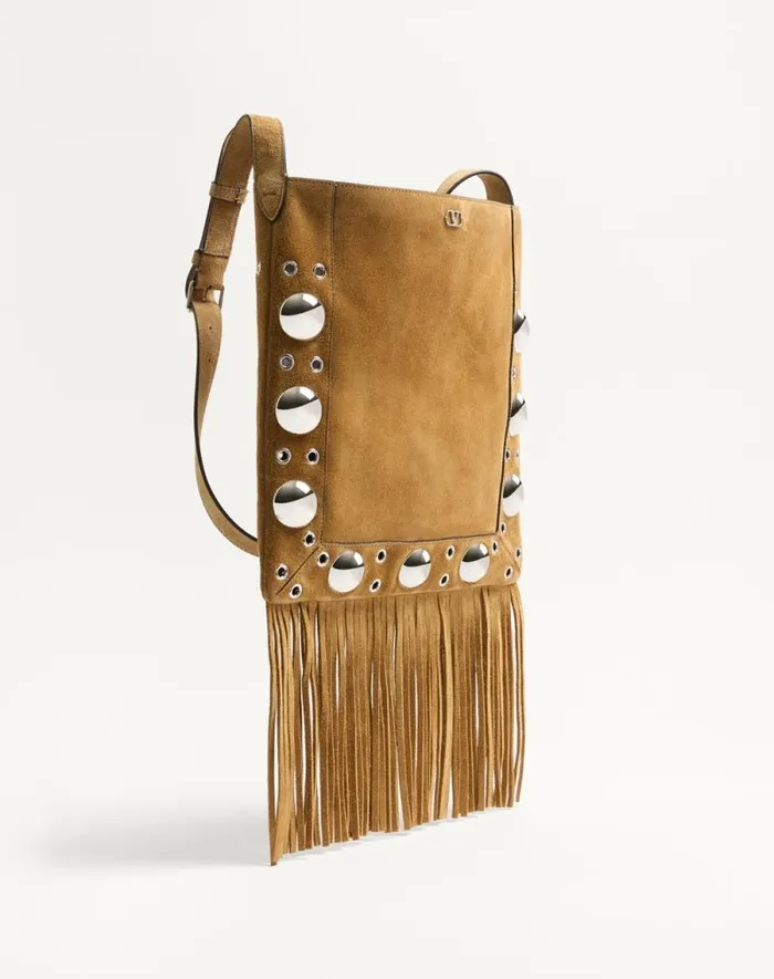 Valentino Shoulder Bags Woman Valentino Garavani Nellcte Suede Shoulder Bag With Fringes For Woman In Beige Beige