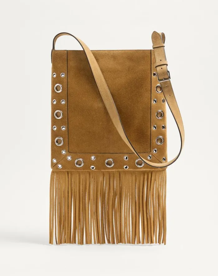 Valentino Shoulder Bags Woman Valentino Garavani Nellcte Suede Shoulder Bag With Fringes For Woman In Beige Beige