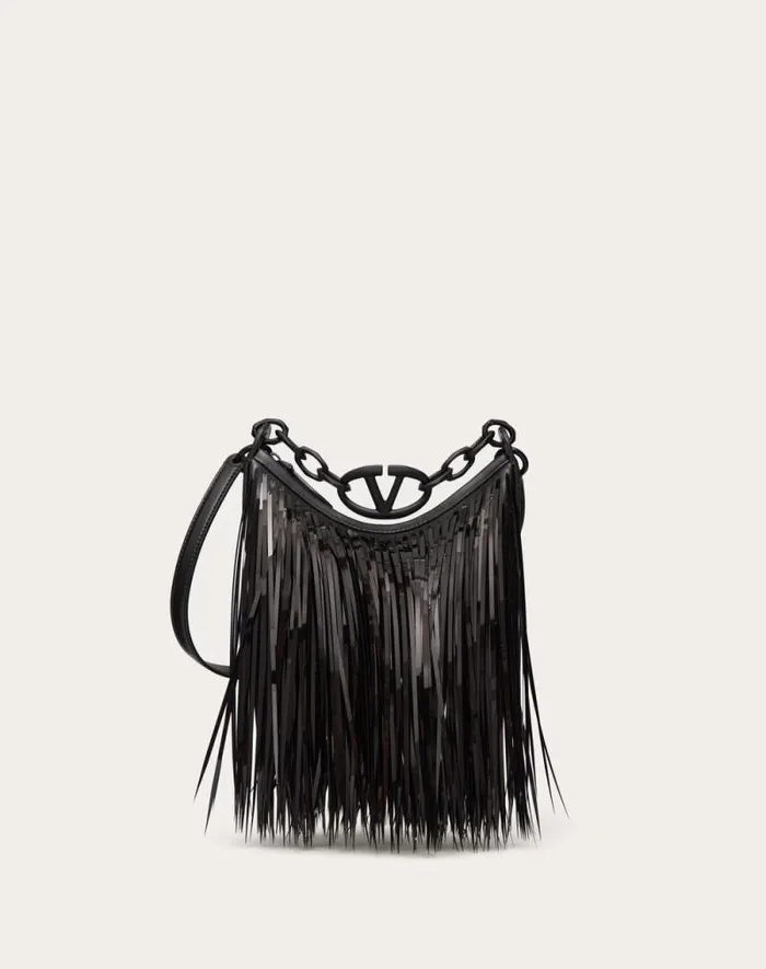 Valentino Shoulder Bags Woman Vlogo Moon Mini Hobo Bag With Sequin Fringes For Woman In Black Black Valentino Shoulder Bags Woman Vlogo Moon Mini Hobo Bag With Sequin Fringes For Woman In Black Black